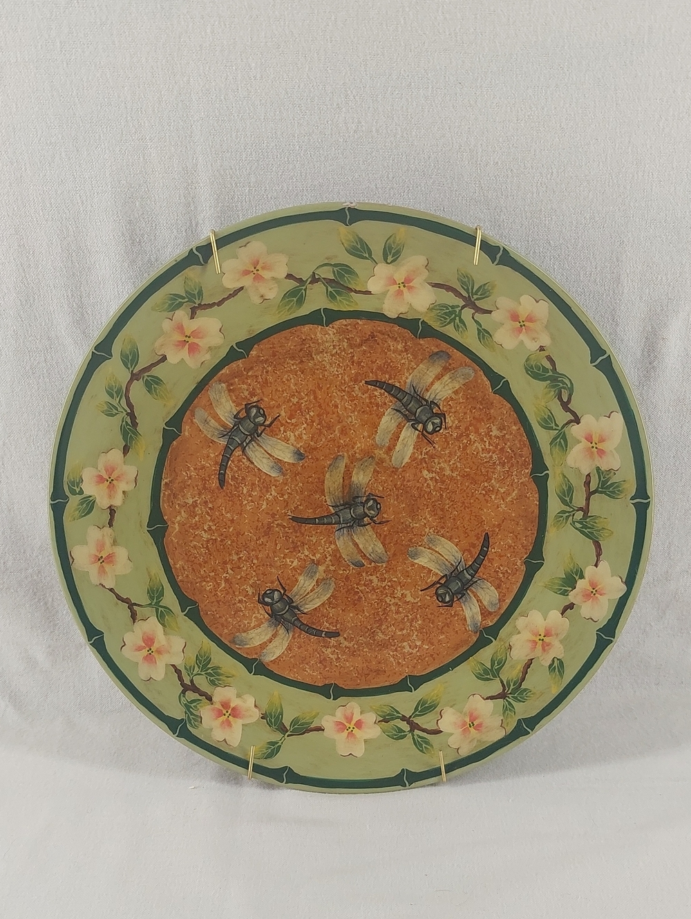 Hand-Painted Oriental Dragonfly Decorative Plate- Green and Orange